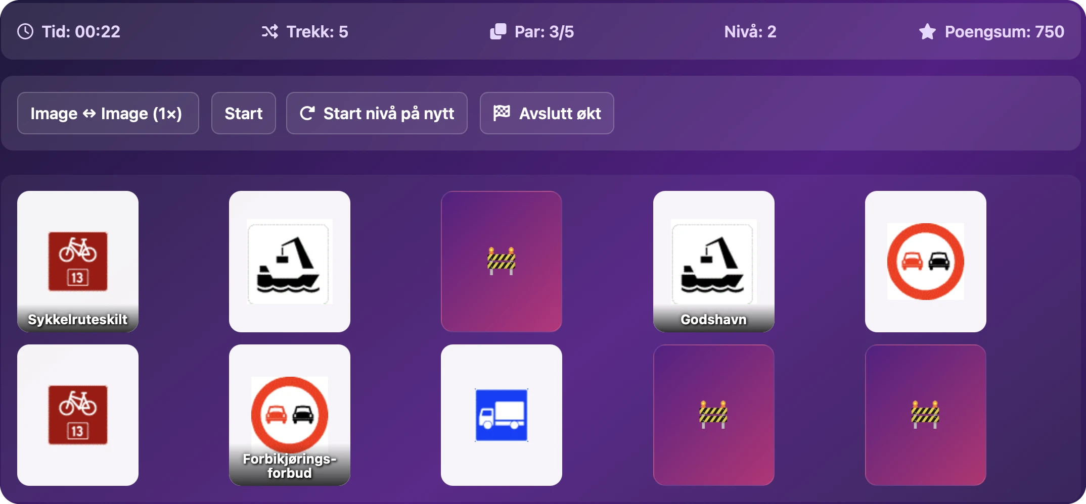 Interactive memory game for learning traffic signs